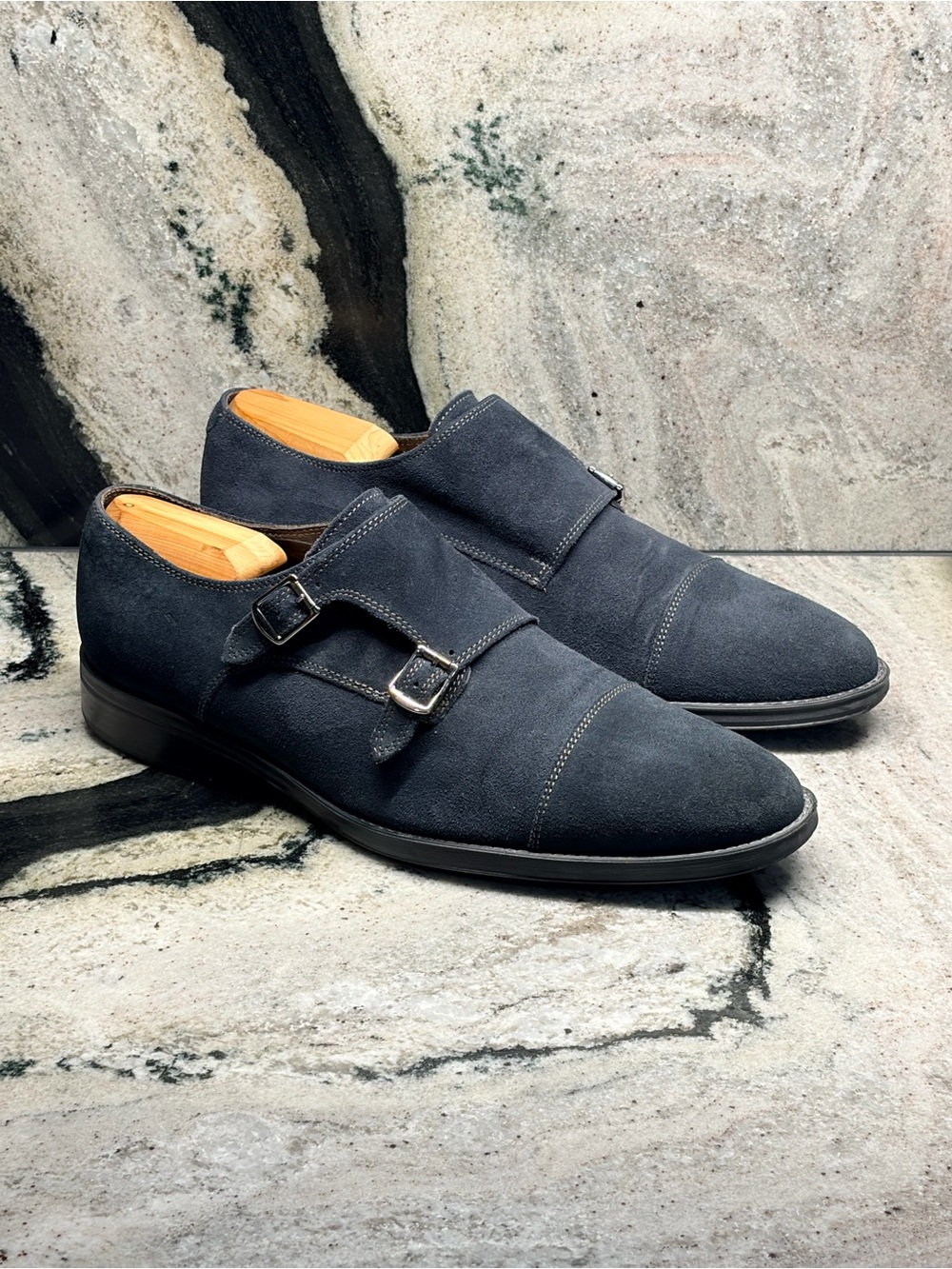 A. Testoni Basic Navy Suede Double Monk Strap Shoes UK 10.5 US 11.5 Italy